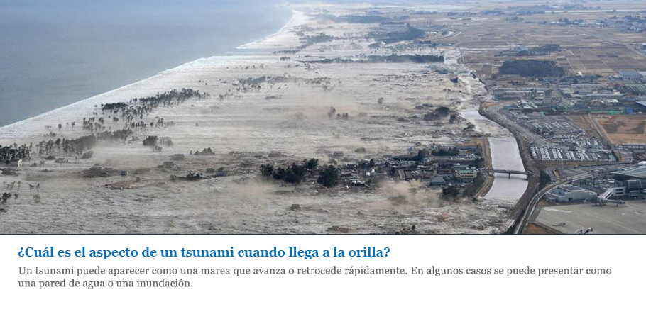 Un tsunami puede aparecer como una marea que avanza o retrocede r�pidamente. En algunos casos se puede presentar como una pared de agua o una inundaci�n.